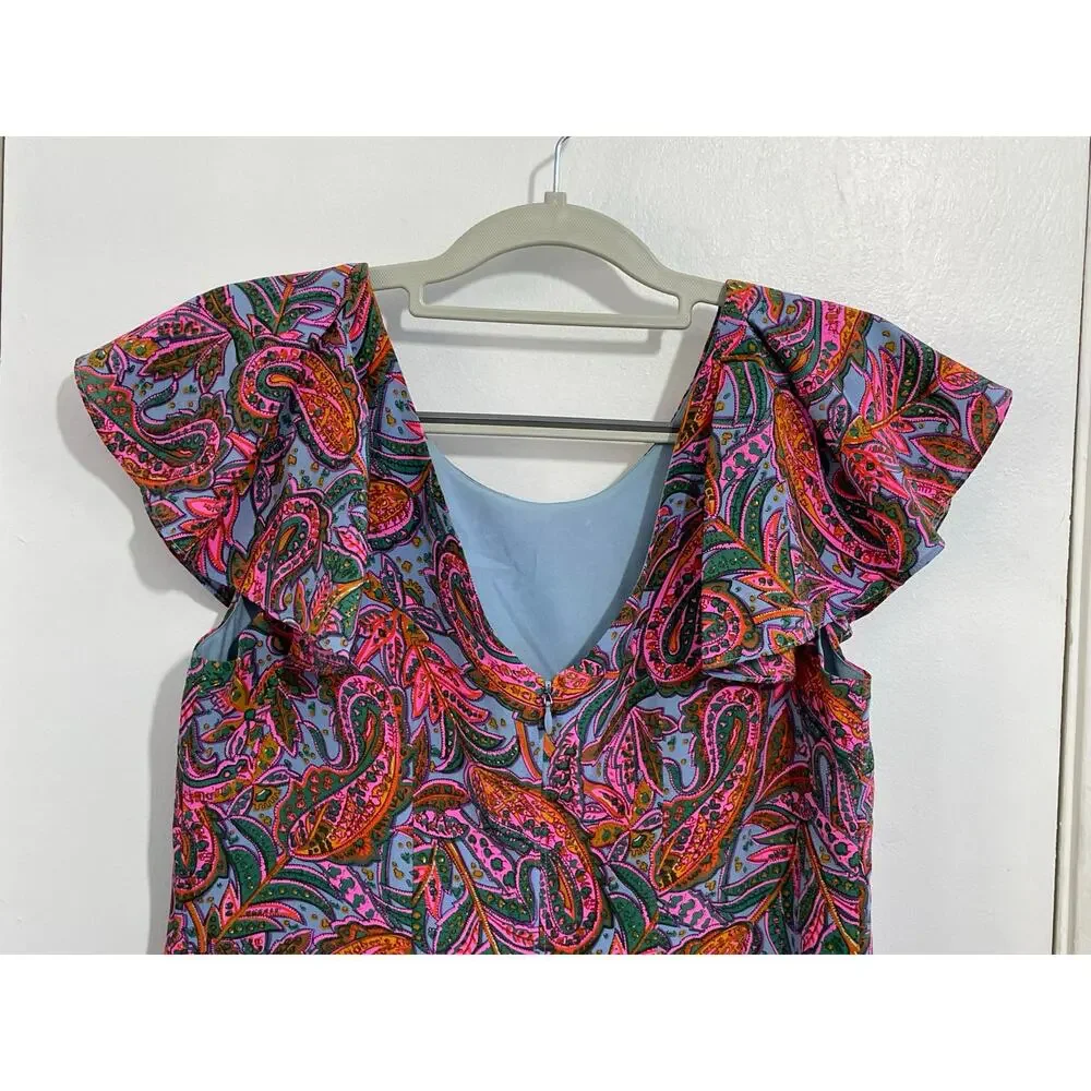 J Crew Silk Dress Size 2 Pink Paisley Ruffled Preppy Country Club Spring